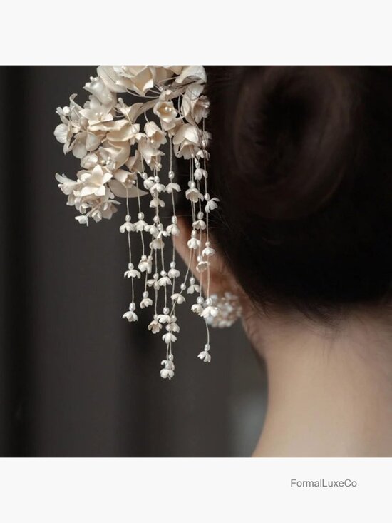 Floral Pearl Tassel Wedding Hair Clip Set for Bridal main image 4